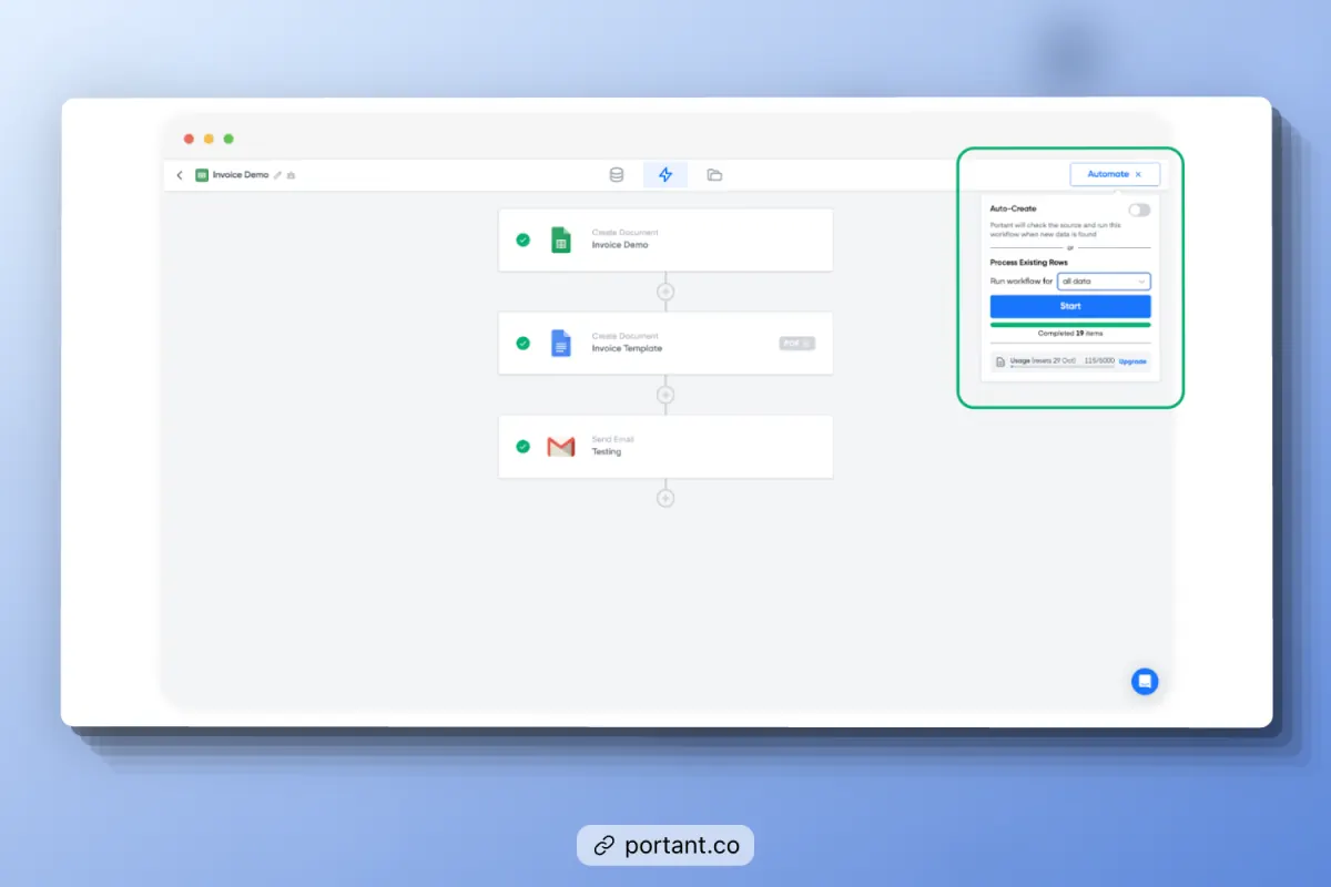 Portant's Invoice Sending Workflow showcasing the automated process of creating and sending invoices. The image highlights steps like creating a document, using an invoice template, and sending emails with the invoice attached.