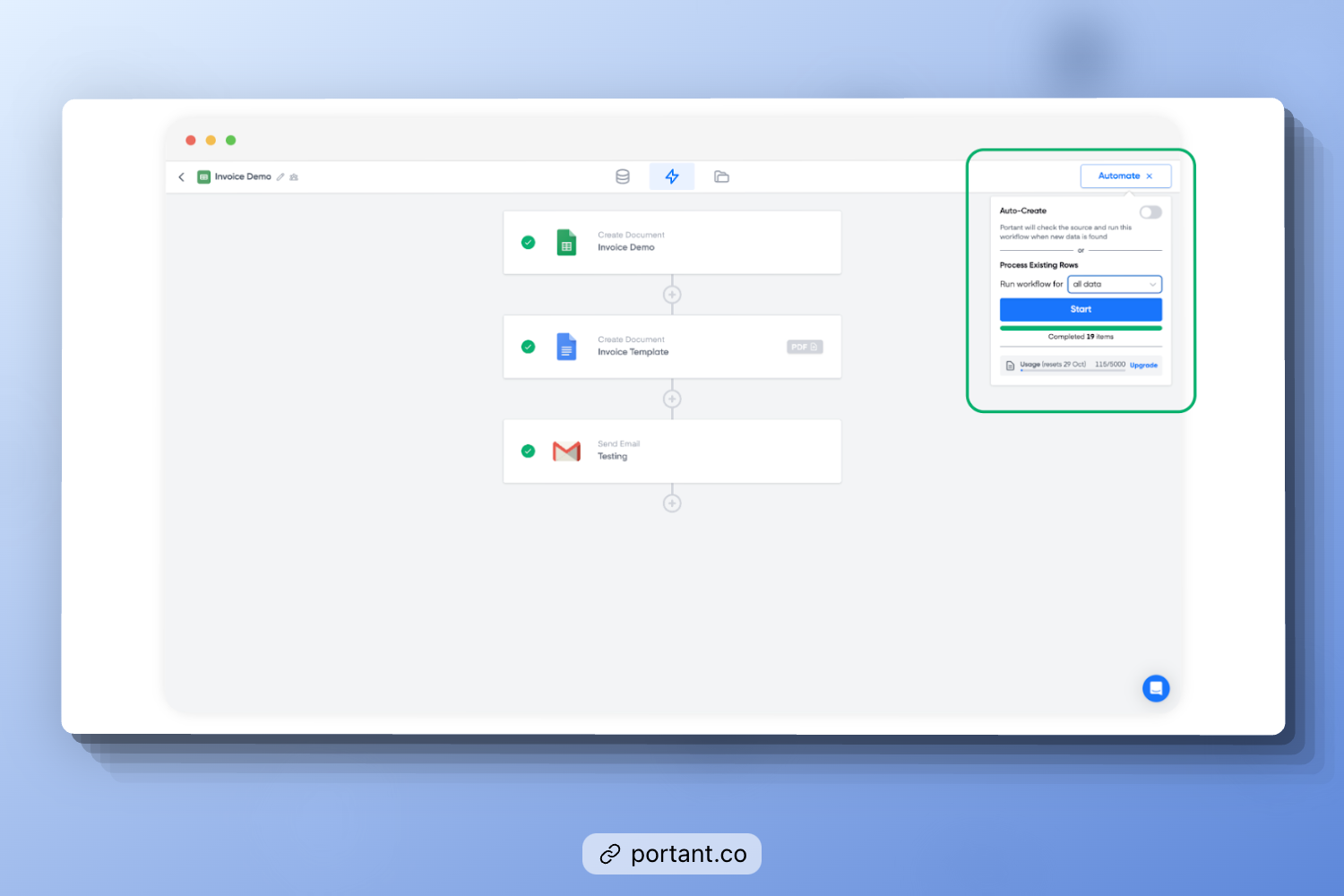 Portant's invoice sending workflow showing steps for creating a document, selecting an invoice template, and sending via email.