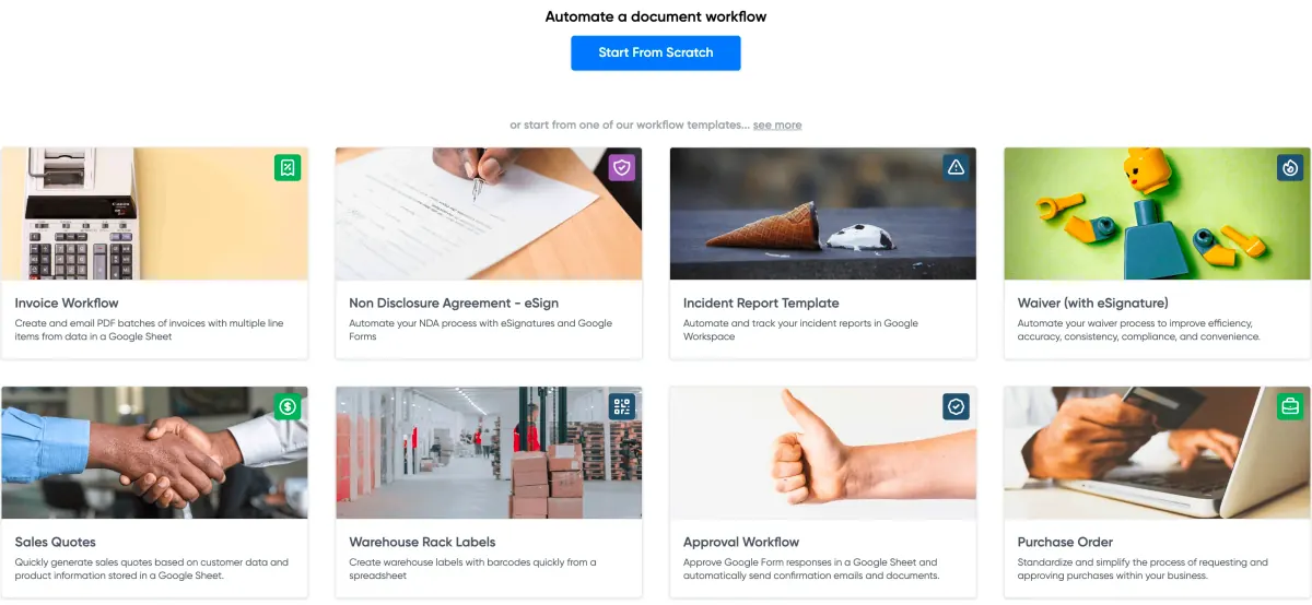 Portant's document workflow automation showcasing various template options