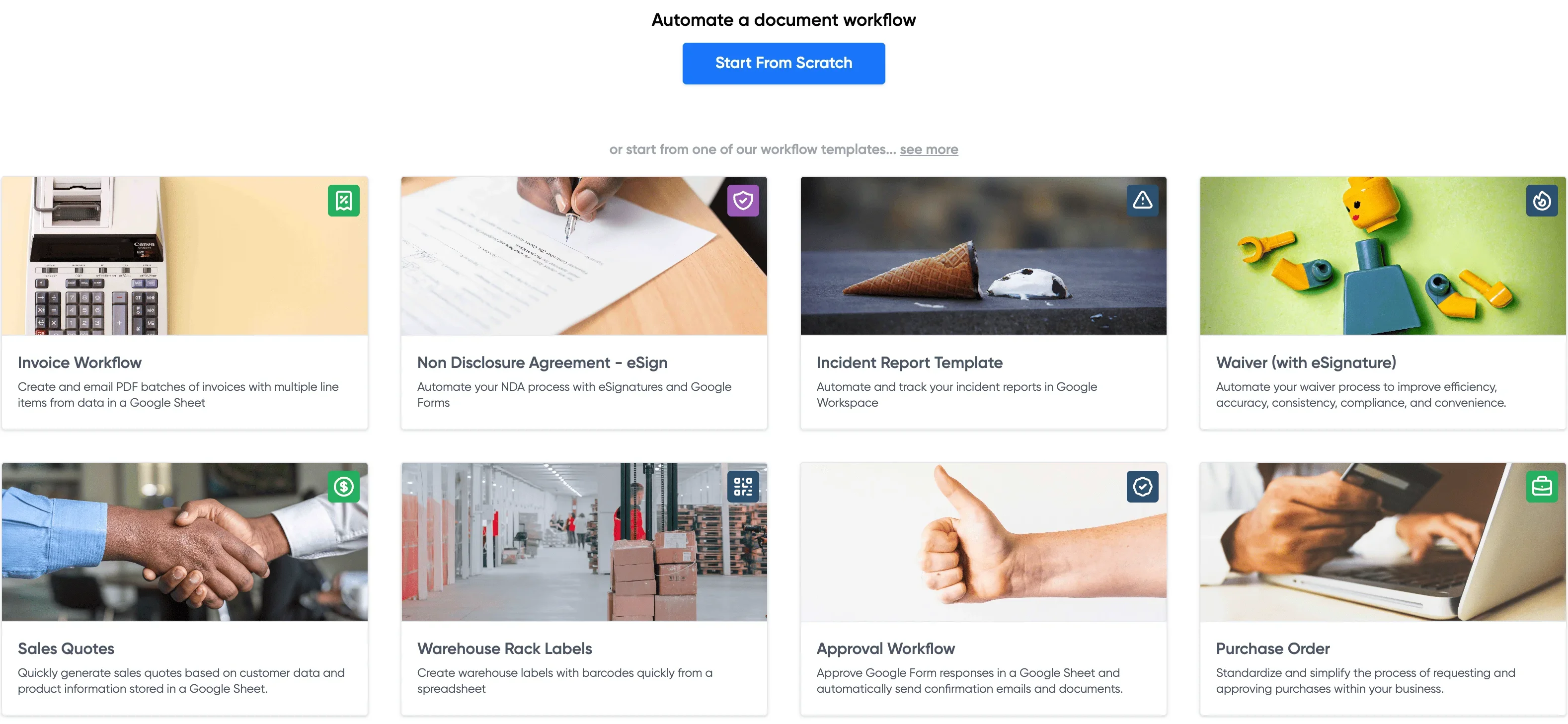 Portant's document workflow automation showcasing various template options