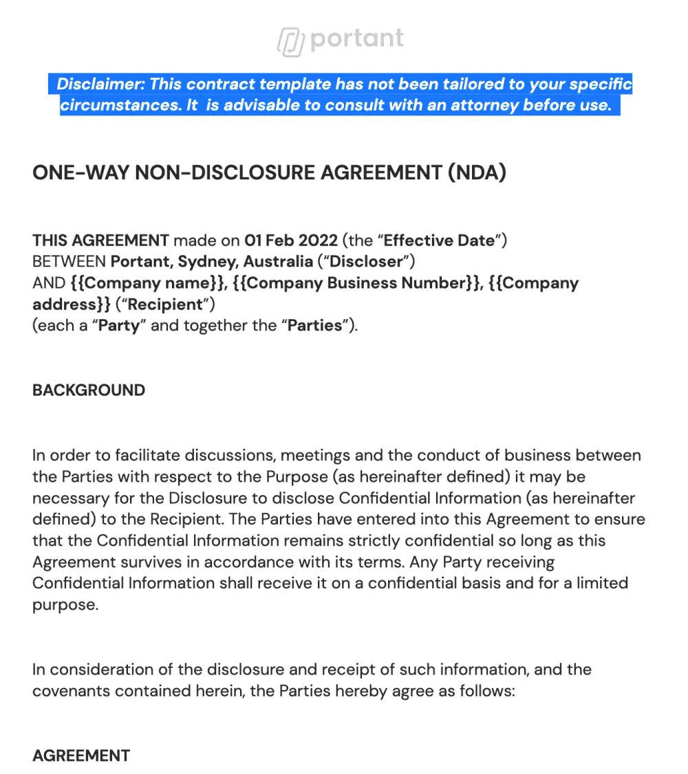 An example of a one-way non-disclosure agreement (NDA) contract template from Portant