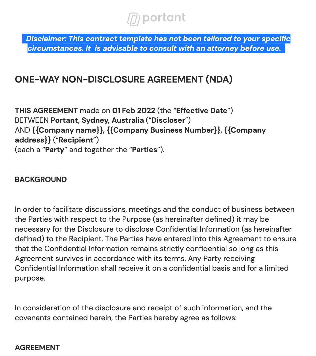 An example of a one-way non-disclosure agreement (NDA) contract template from Portant