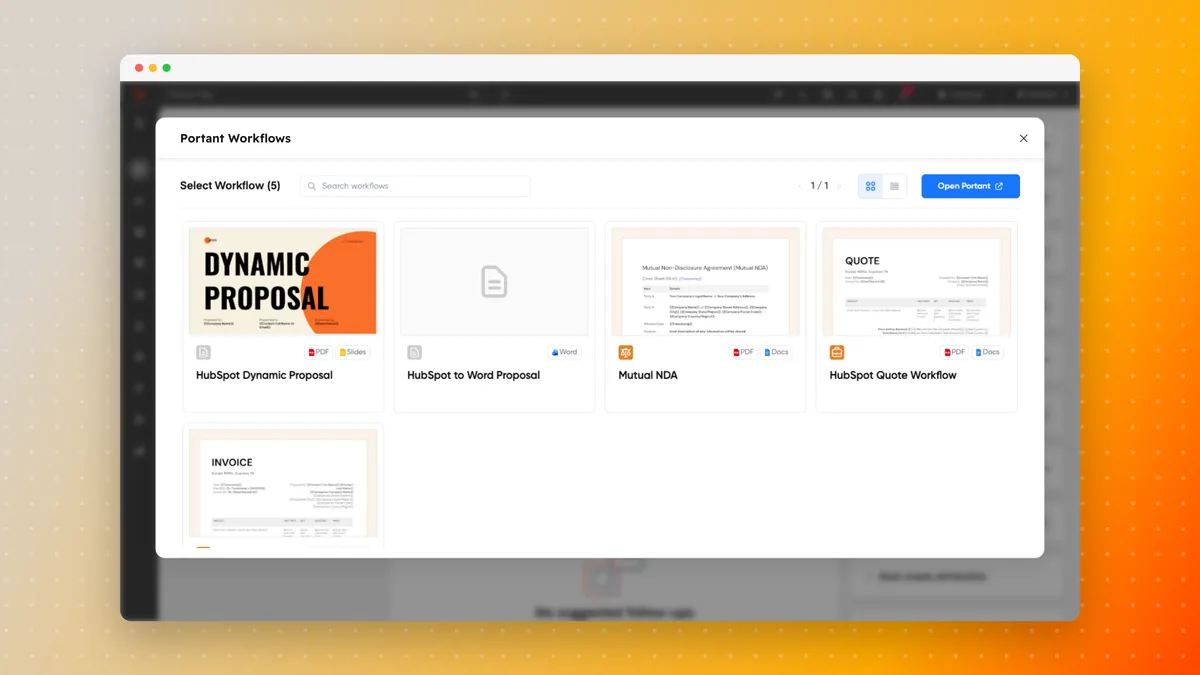 Choosing the Word workflow from the Portant card on a HubSpot deal record