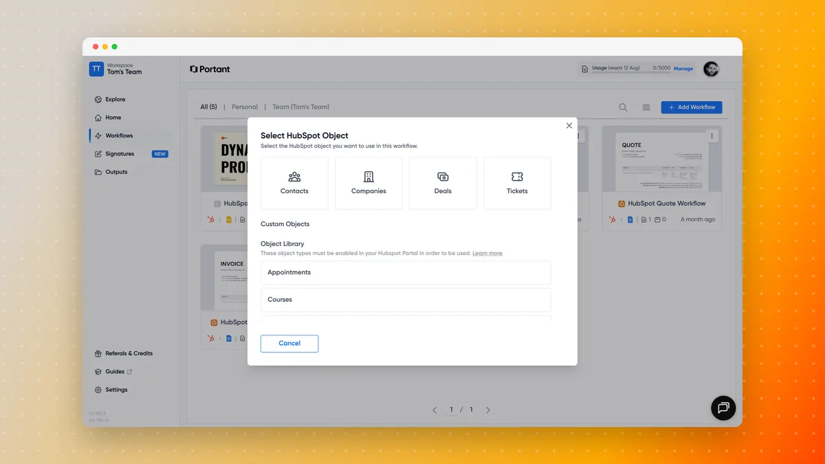 Portant asking which HubSpot object to use, with Contacts, Companies, Deals, Tickets and Custom Objects listed