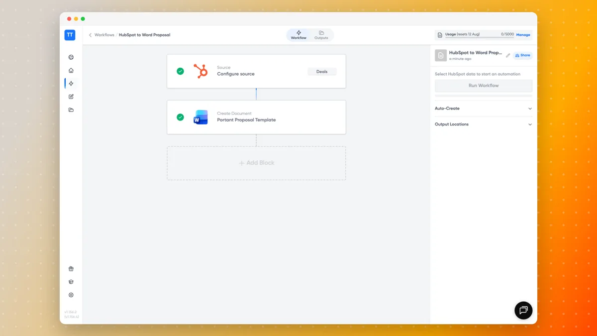 Un workflow Portant avec une source Transactions HubSpot alimentant un modèle Microsoft Word