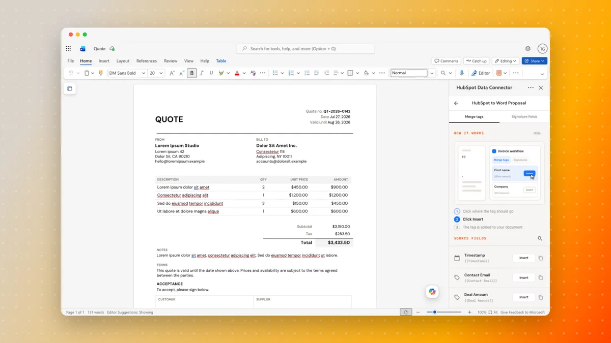The Portant sidebar in Word listing HubSpot source fields with an Insert button beside each one