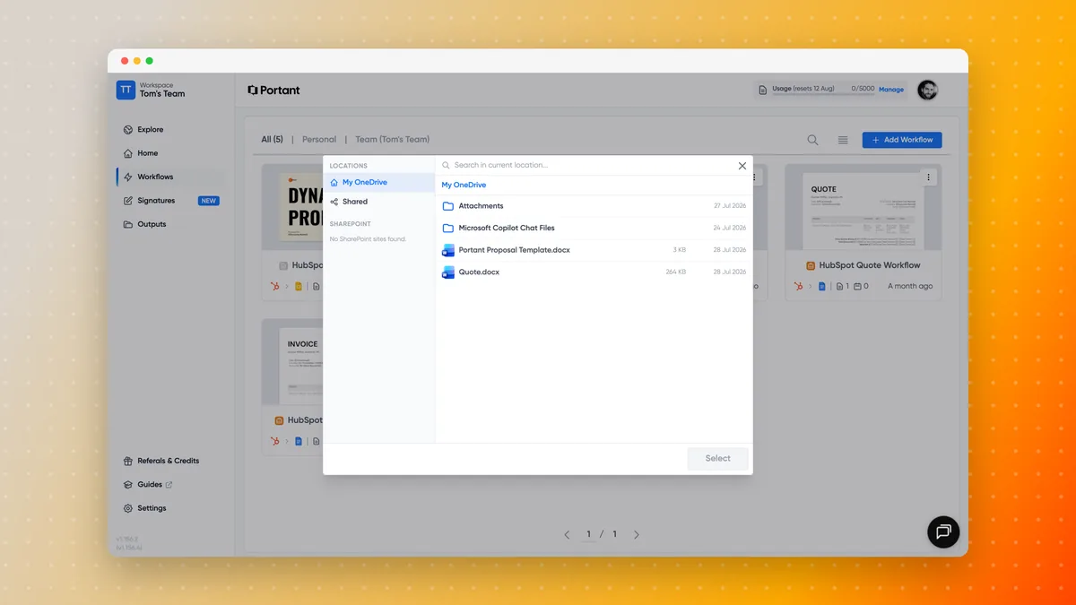 Choosing a Word template from OneDrive inside Portant, with Shared and SharePoint listed as other locations