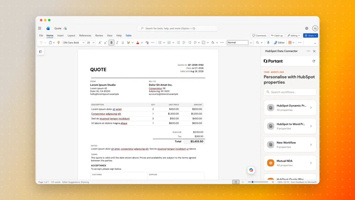 Le complément Portant ouvert dans Microsoft Word, avec un modèle de devis à gauche et les workflows HubSpot dans la barre latérale