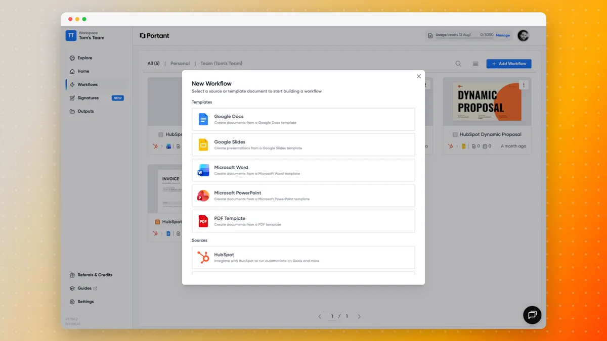 Portant's New Workflow screen listing Microsoft Word and Microsoft PowerPoint alongside Google Docs and Slides