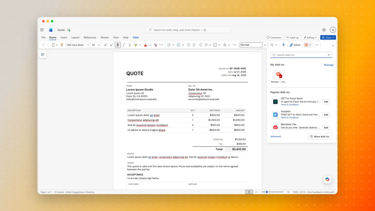 The Add-ins panel in Microsoft Word showing the Portant connector under My Add-ins