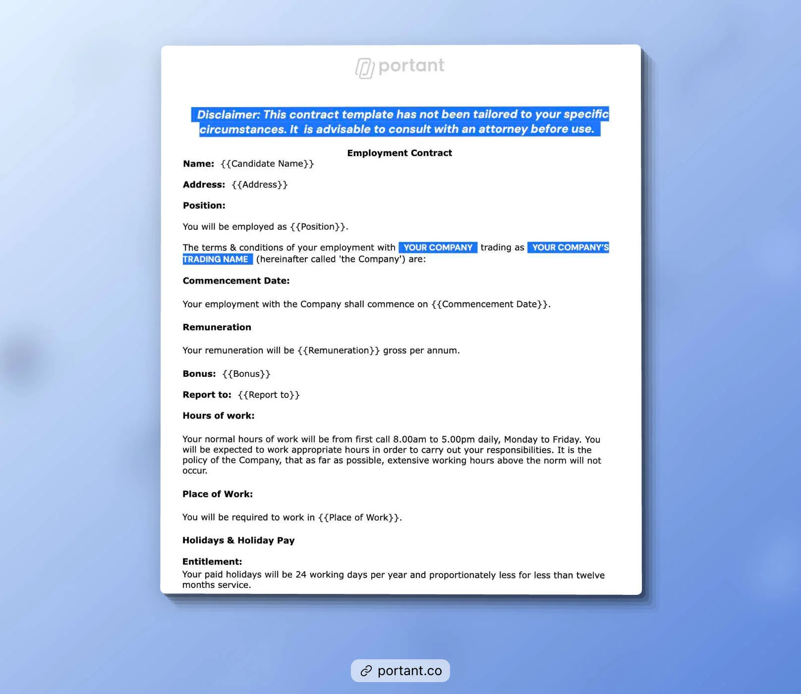Sample employment contract template by Portant featuring customizable fields for name, position, remuneration, and working hours