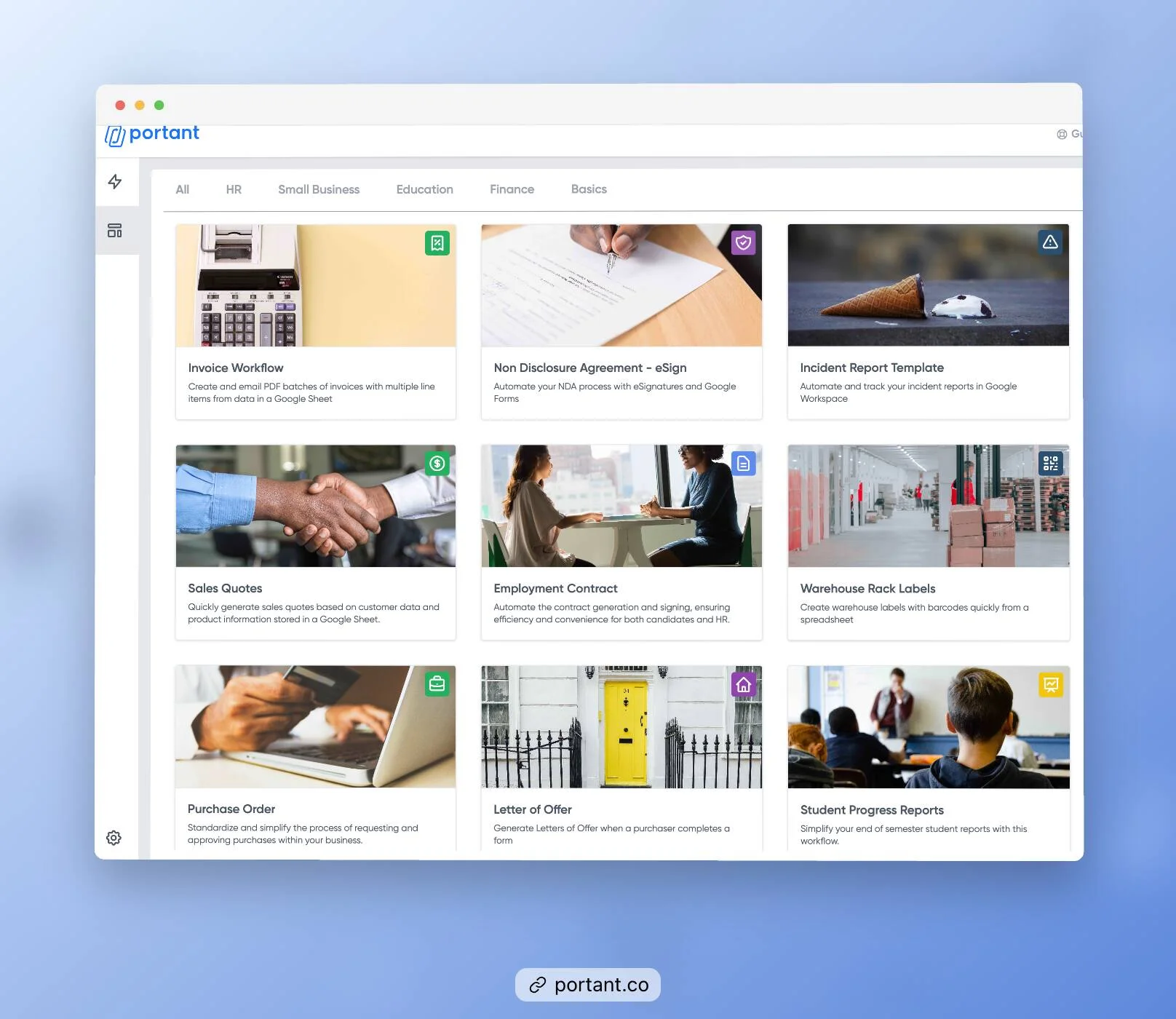 Portant's library of document templates featuring workflows for NDAs, employment contracts, sales quotes, purchase orders, and more, designed for easy automation and e-signing in Google Workspace.