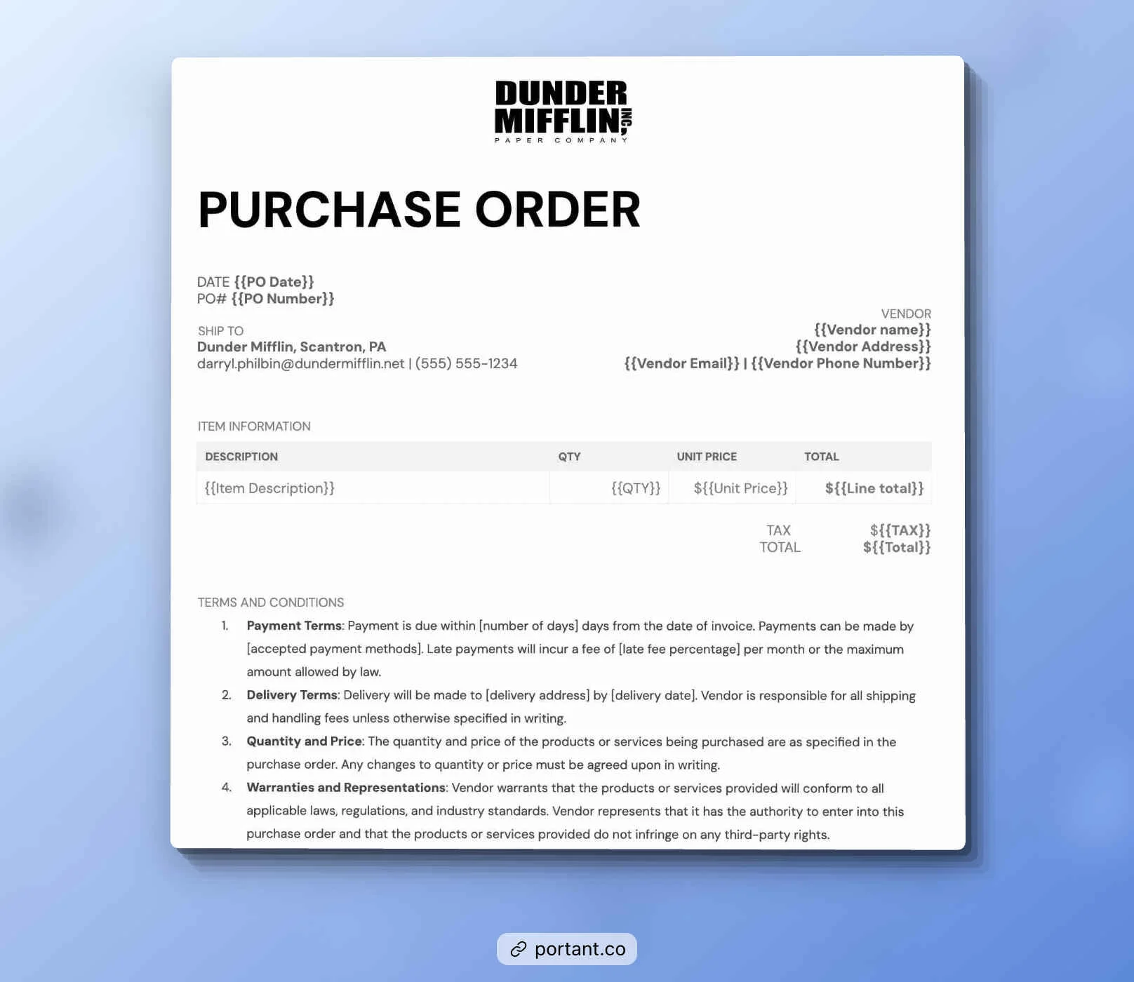 Sample purchase order template by Portant featuring fields for item description, quantity, pricing, and vendor information