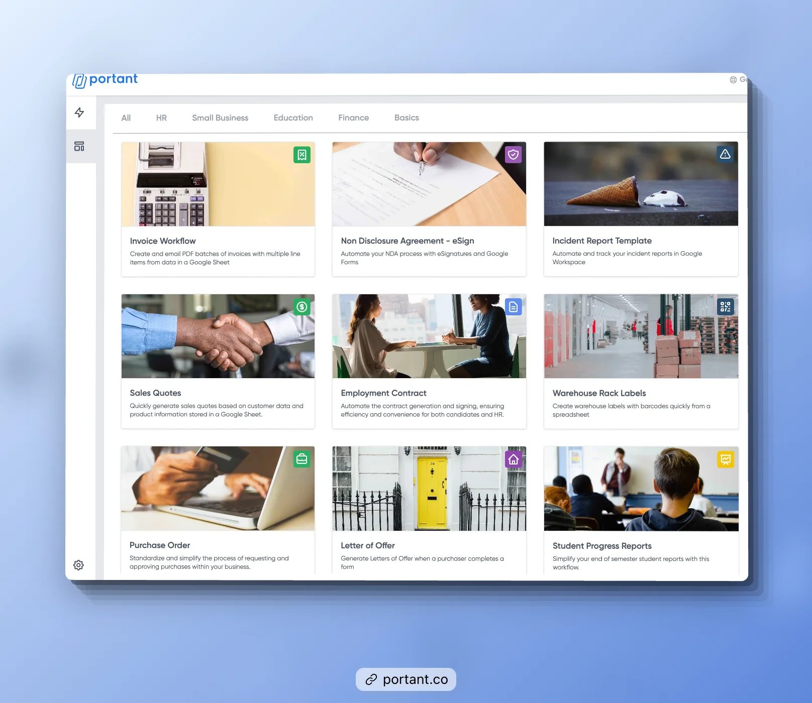 Portant's template library featuring a variety of business tools including Invoice Workflow, Non-Disclosure Agreement eSign, Sales Quotes, Employment Contracts, and more.