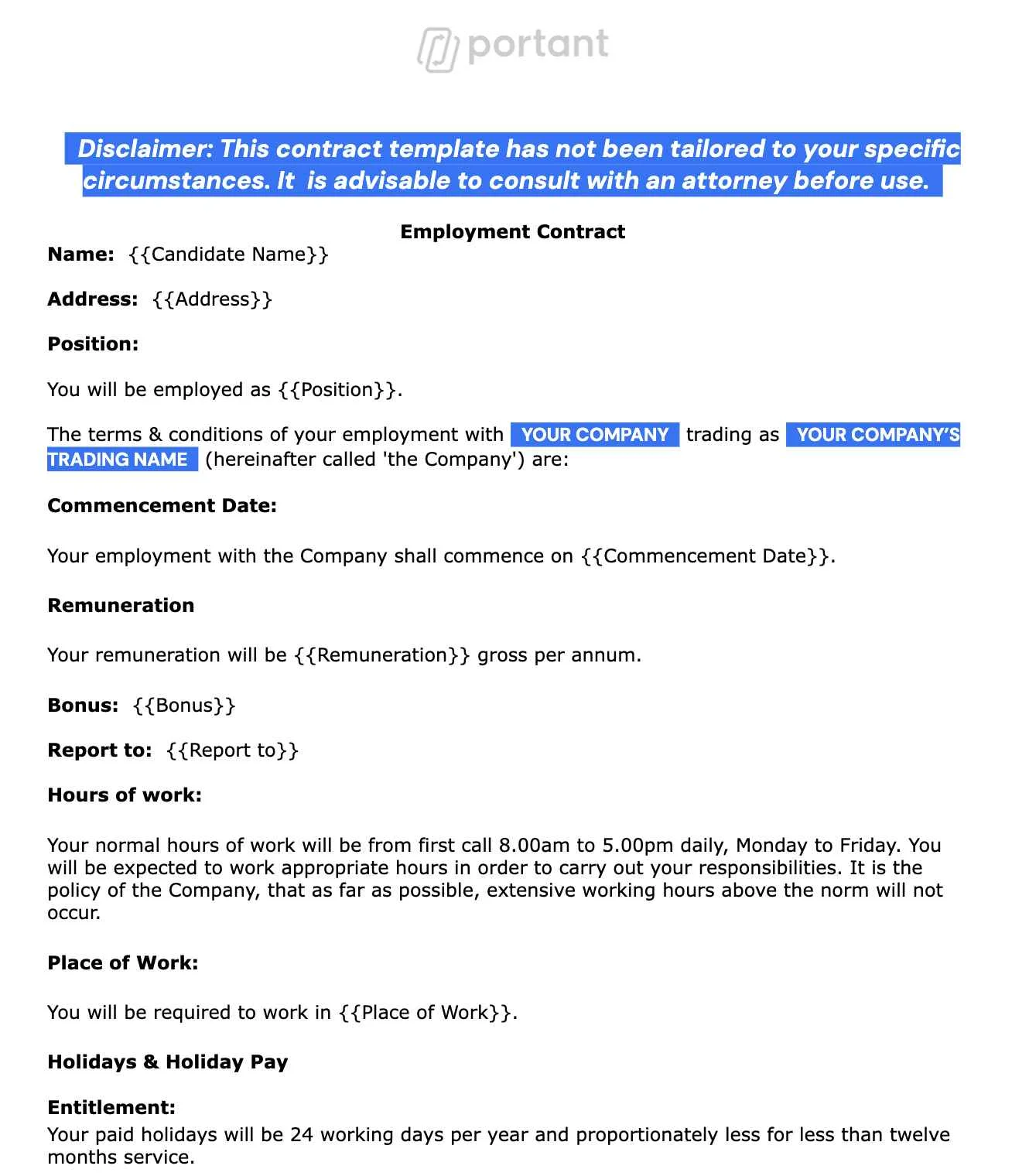 Portant's employment contract template with placeholders for candidate name, address, position, commencement date, remuneration, bonus, and work hours.