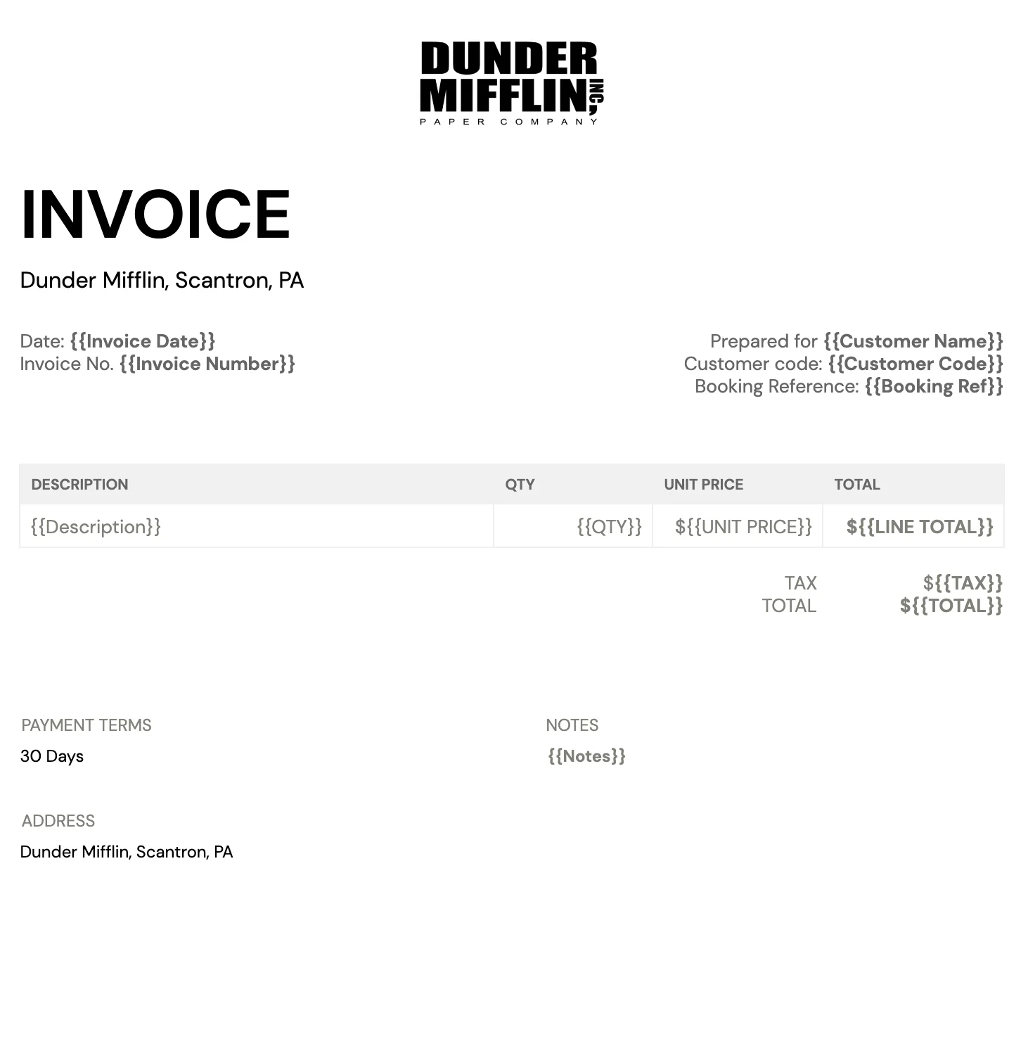 Sample invoice from Portant’s free Google Sheets invoice template, showing customizable fields for late fee enforcement and client billing details.
