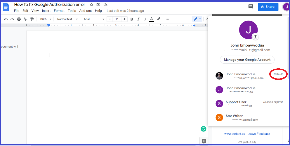 A screenshot of the default Google account in Google Docs