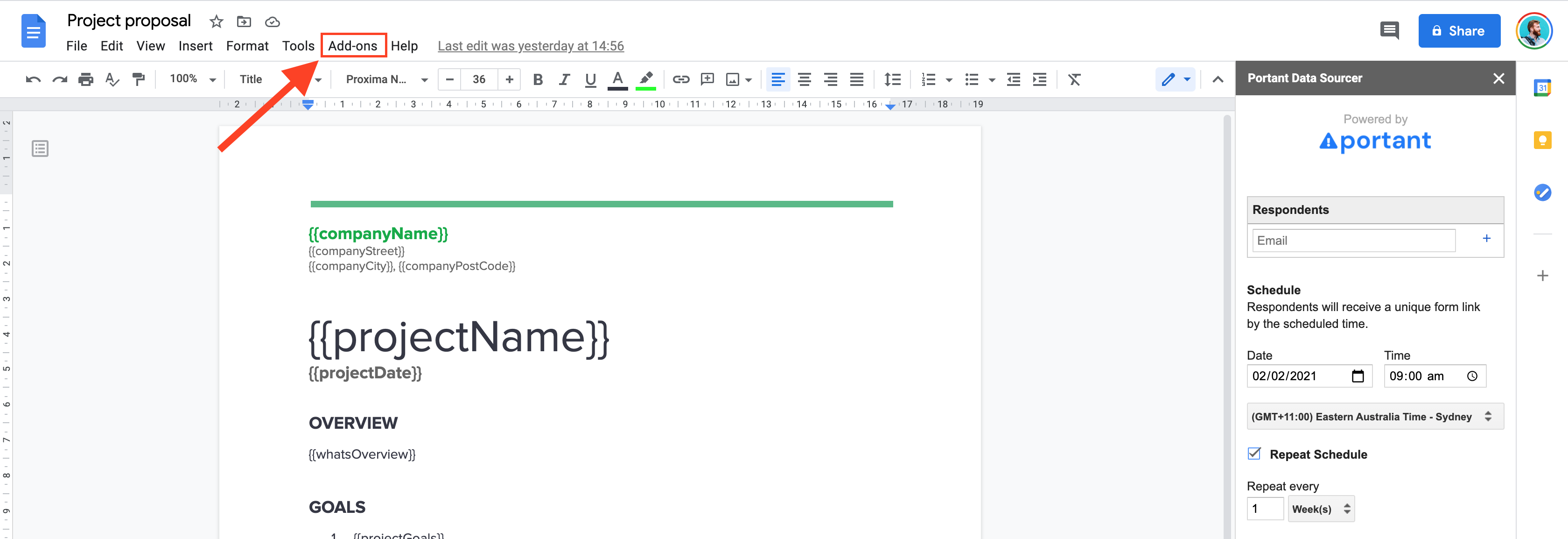 Google Docs interface showing the 'Add-ons' menu highlighted, with the Portant Data Sourcer add-on open for automating document workflows. Ideal for improving productivity with Google Docs add-ons.