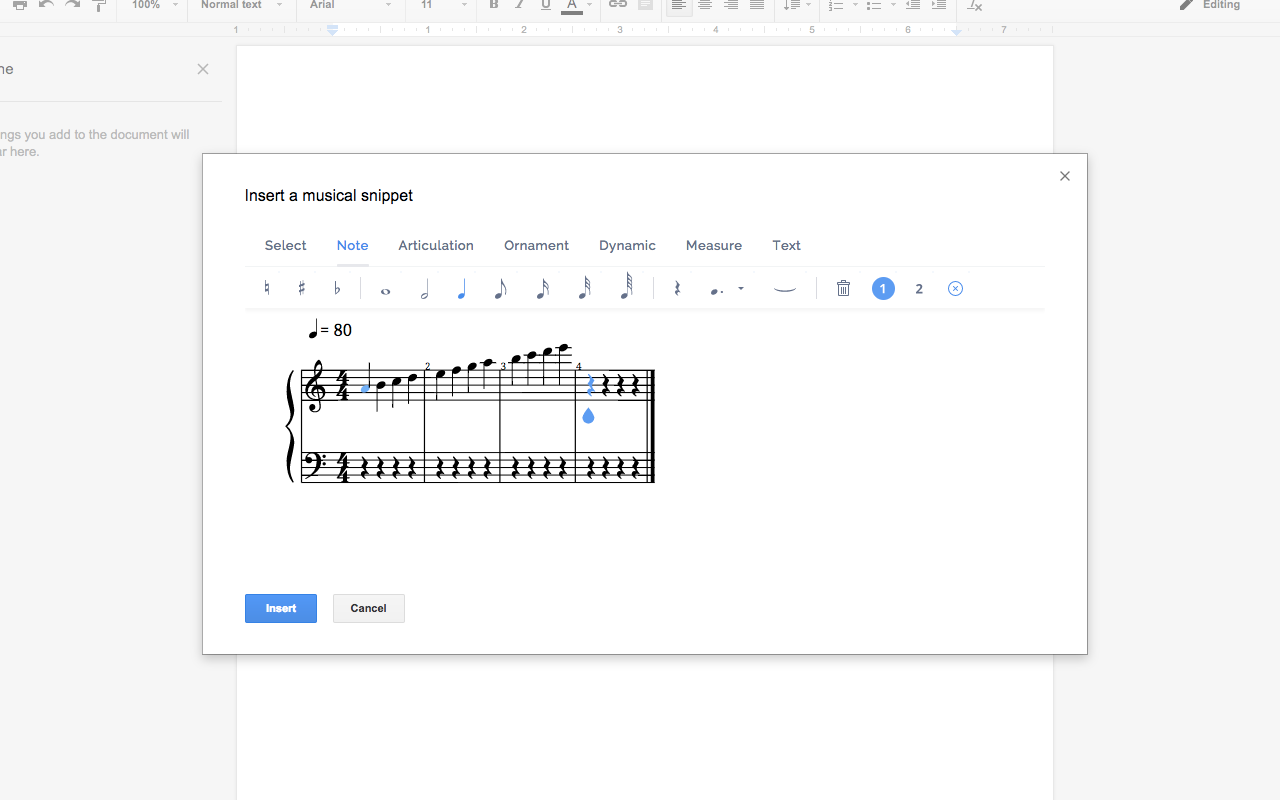 Flat for Docs Google Docs add-on interface showcasing a musical notation editor for inserting and playing sheet music.