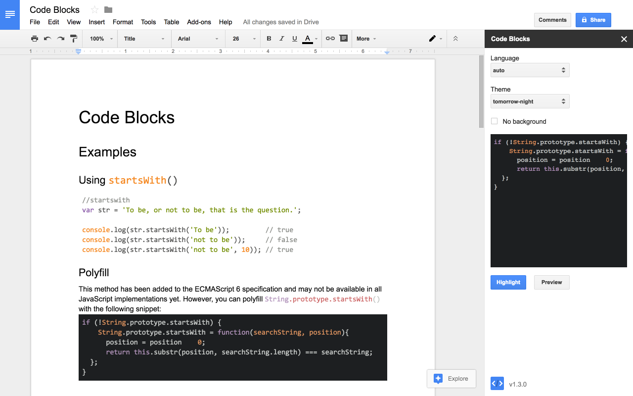 Code Blocks Google Docs add-on interface showcasing syntax-highlighted JavaScript code formatting.