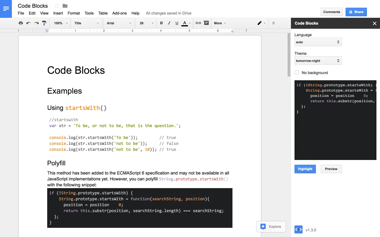 Code Blocks Google Docs add-on interface showcasing syntax-highlighted JavaScript code formatting.