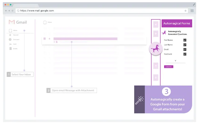 Automagical Forms Google Docs add-on in Gmail, automatically generating a Google Form from email attachments. A time-saving Google Workspace tool for seamless form creation.