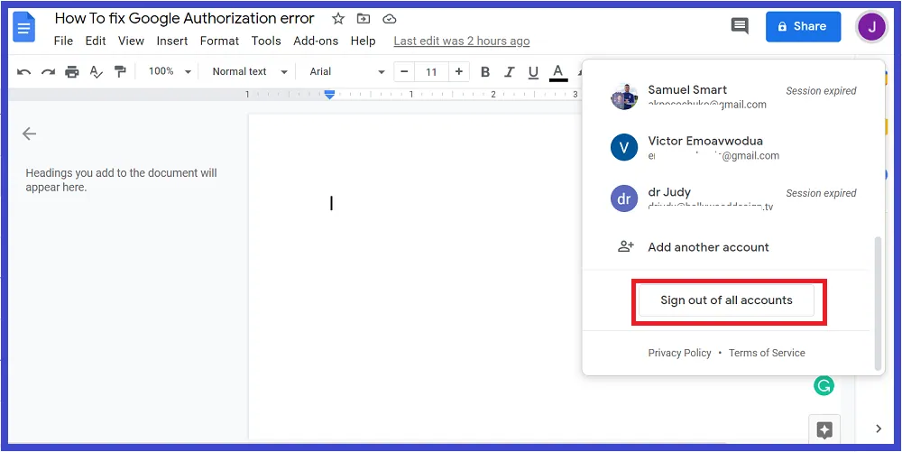 A screenshot of Google Docs showing the 'Sign out of all accounts' button