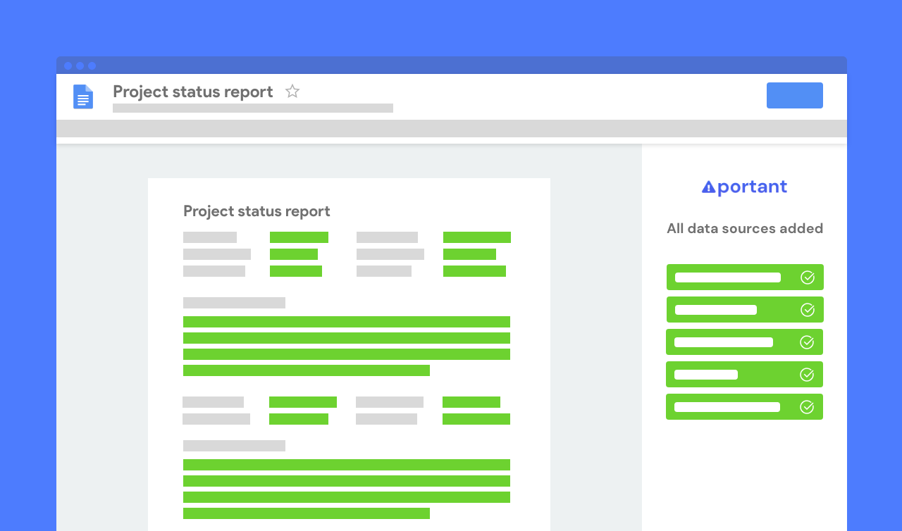 Google Docs 'Project Status Report' with Portant add-on automating data entry and formatting. A powerful Google Docs add-on for streamlining document creation and workflow automation.