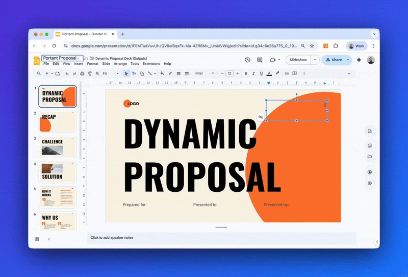 A dynamic proposal deck generated by Portant, showing a cover slide with merge fields for company name, prepared for, and presented by