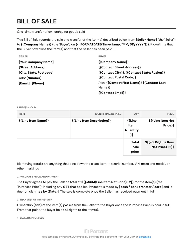 Bill of Sale (AU) template thumbnail