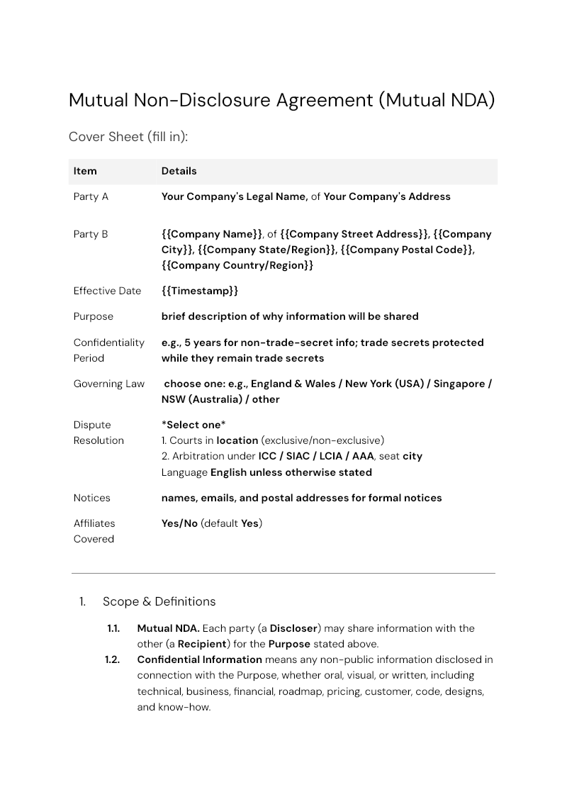 Mutual Non Disclosure Agreement template thumbnail