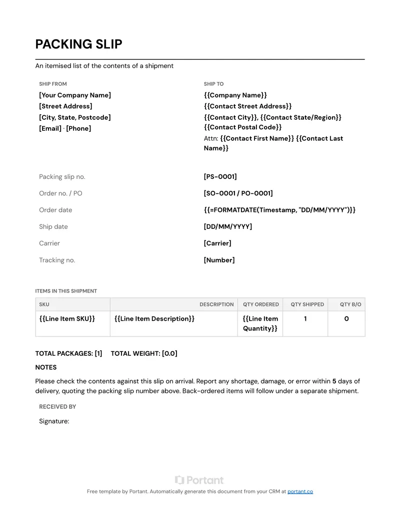 Packing Slip (AU) template thumbnail