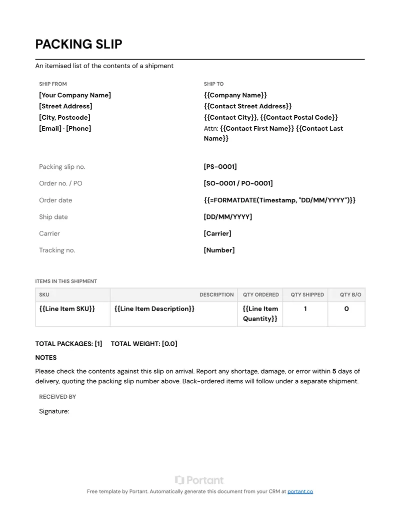 Packing Slip (GB) template thumbnail