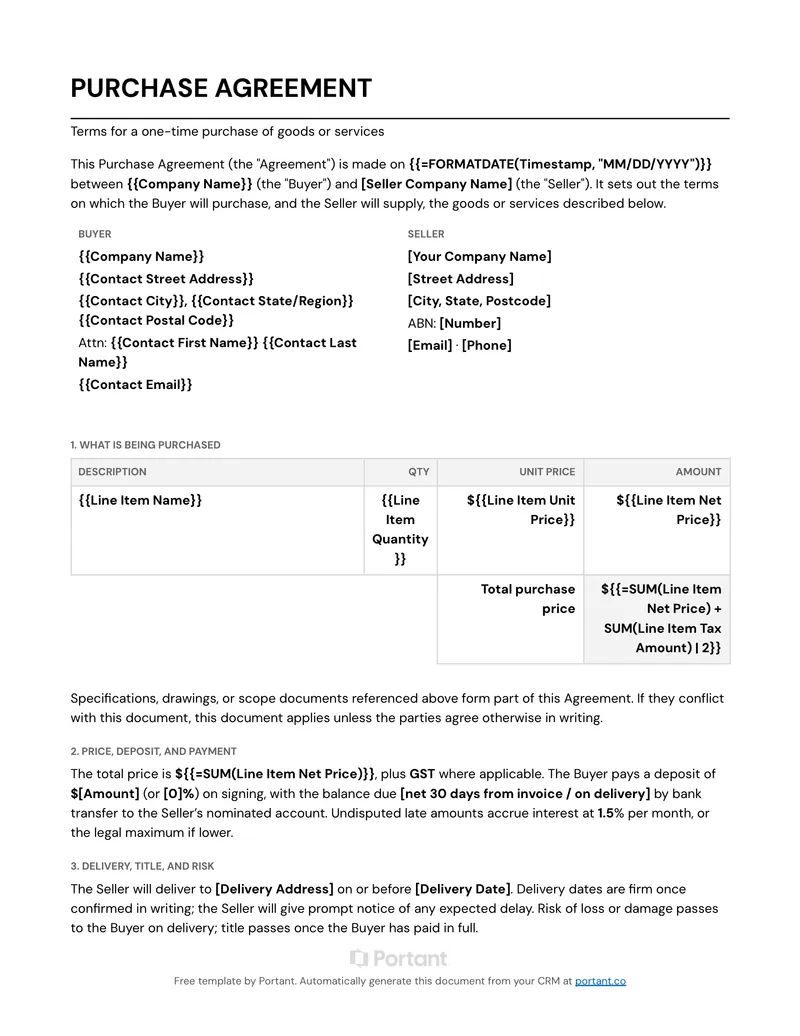 Purchase Agreement (AU) template thumbnail
