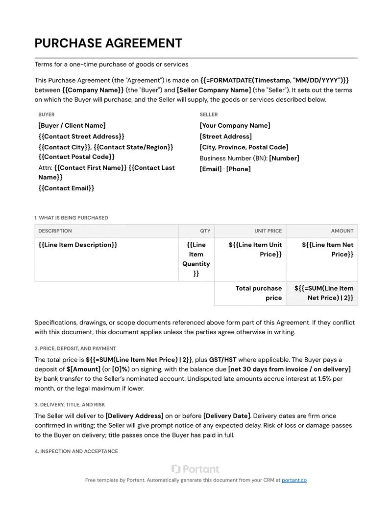 Purchase Agreement (CA) template thumbnail