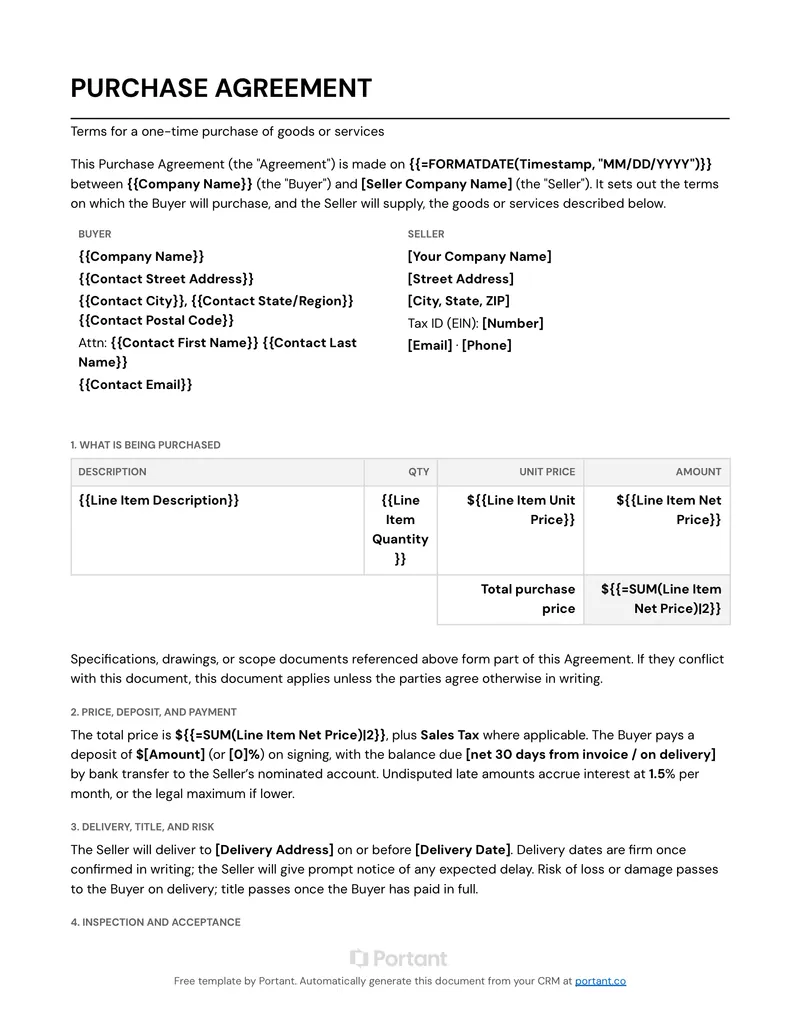 Purchase Agreement (US) template thumbnail